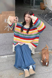 O-Neck Rainbow Striped Tassel Sweater