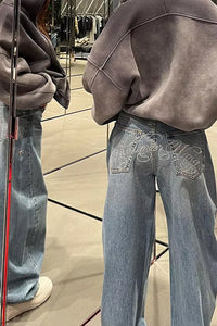 High Waist Letter Back Embroidered Jeans Pants