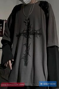 Long Sleeve Two Colors Cross of Thorns Printed Hip Hop Shirt