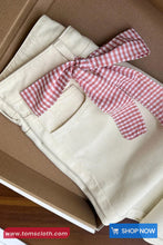 High Waist Bow Pink Plaid Patchwork Beige Jeans Pants