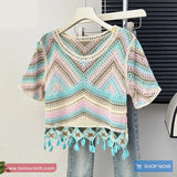 Short Sleeve Pastel Colors Crochet Knitted Shirts