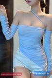 Long Sleeve Sling Halter Off Shoulder Cropped Shirts