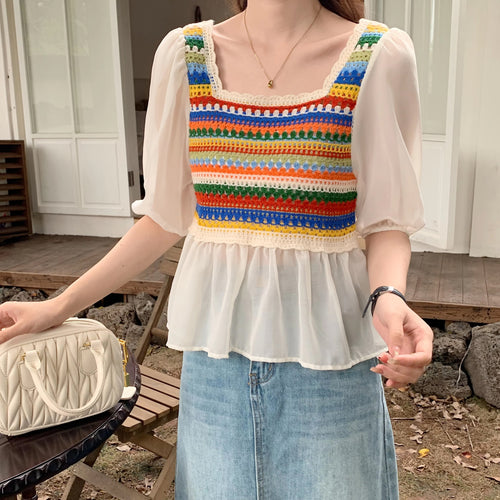 Half Sleeve Square Neck Rainbow Striped Crochet Shirt