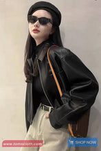 Long Sleeve Turn Down Collar Zipper Leather Jacket