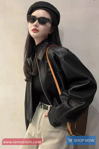Long Sleeve Turn Down Collar Zipper Leather Jacket