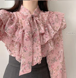 Long Sleeve Cute Bow Ruffled Blouse Shirt