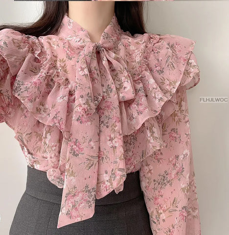 Long Sleeve Cute Bow Ruffled Blouse Shirt