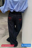 Vintage Bowknot Embroidery Black Jeans Pants