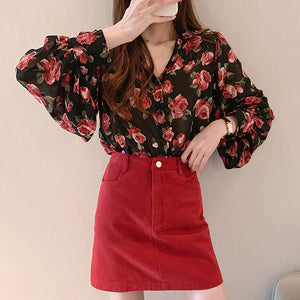 Long Sleeve Flowers Pattern Chiffon Blouse Shirts