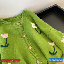 Long Sleeve Cute Floral Embroidered Knitted Green Cardigan Sweater