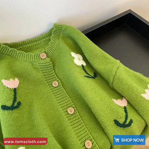 Long Sleeve Cute Floral Embroidered Knitted Green Cardigan Sweater