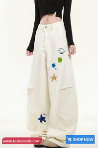 Loose Sea Themes Pattern Embroidered Casual Pants
