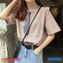 Short Sleeve Vintage Plaid Cute Tie Blouse Shirt