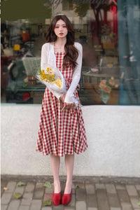 Sweet Red Plaid Elegant Midi Dress