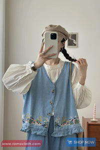 Sleeveless Garden Embroidered Denim Vest Sweater
