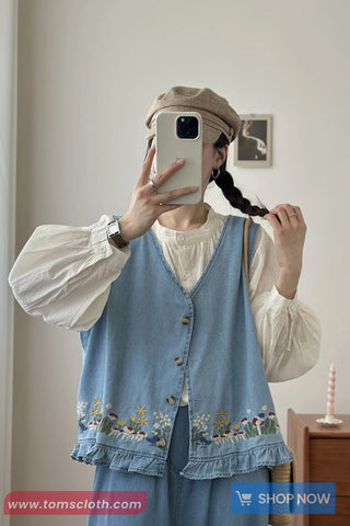 Sleeveless Garden Embroidered Denim Vest Sweater