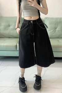 High Waist Loose Black Denim Shorts