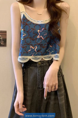 Sequined Stars Pattern Crochet Crop Tops