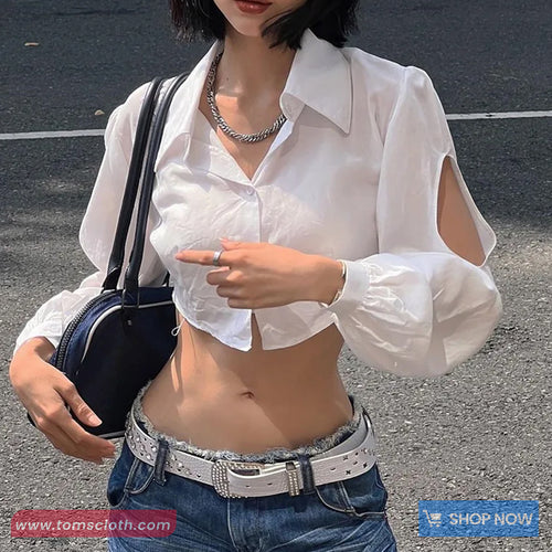 Sexy Puff Sleeve Hollow Out Cropped Blouse Shirt