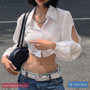 Sexy Puff Sleeve Hollow Out Cropped Blouse Shirt