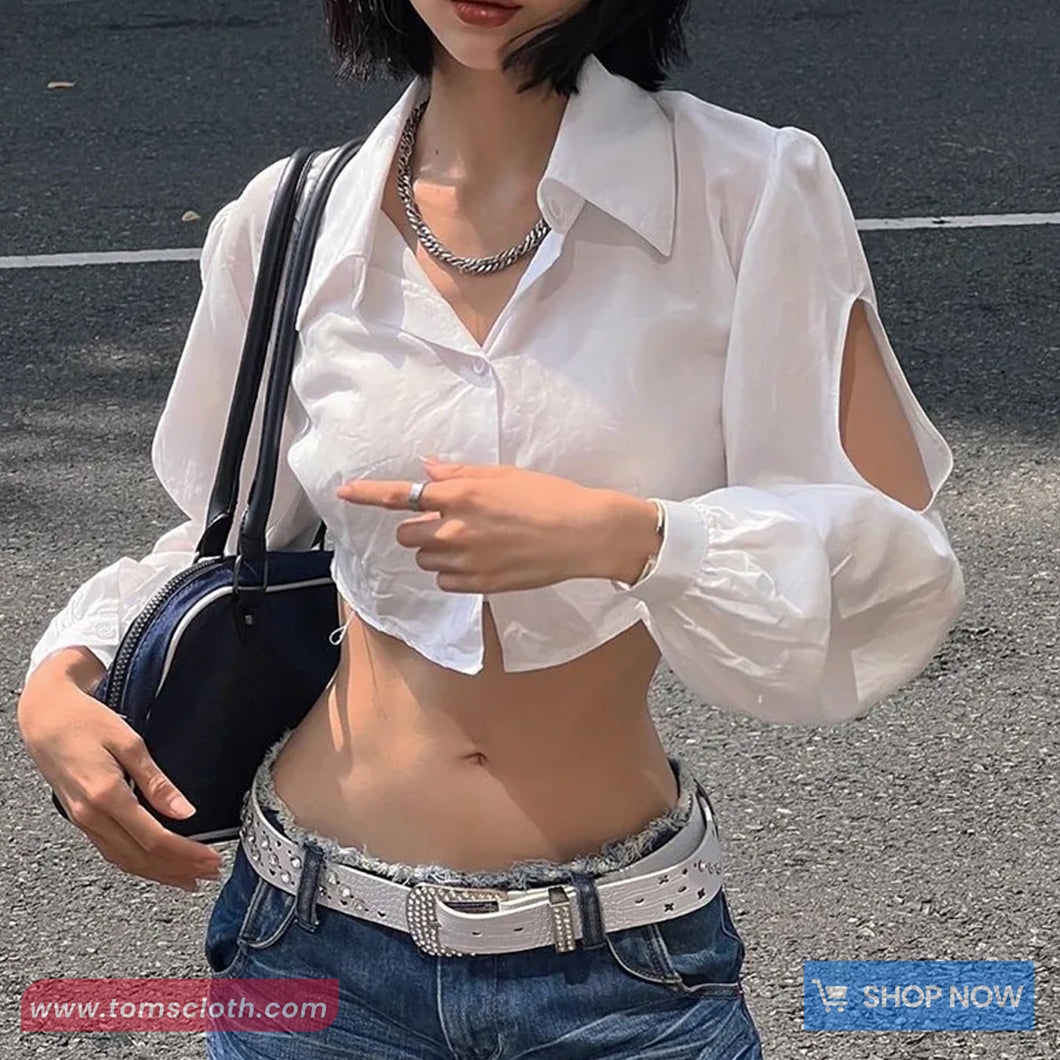 Sexy Puff Sleeve Hollow Out Cropped Blouse Shirt