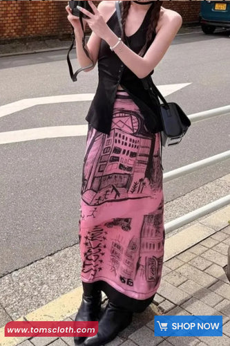 High Waist Cute Pattern Mid Length Pink Skirts