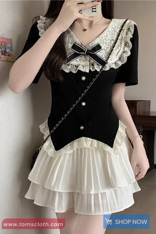 Short Sleeve Vintage Cute Bow Lace Patchwork Elegant Slim Shirt