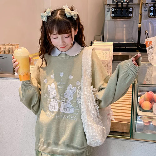 Cute Rabbit Pattern Green Knitted Sweater