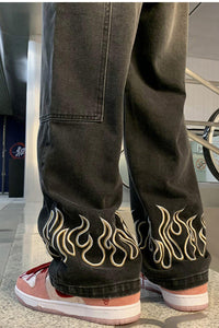 High Waist Flame Embroidered Jeans Pants