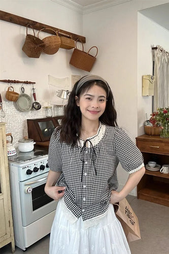Short Sleeve Lace Tie Collar Plaid Blouse Shirt