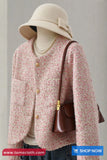 Long Sleeve O-Neck Pink Elegant Tweed Jacket