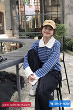 Long Sleeve Turn Down Collar Striped Knitted Cardigan Sweater