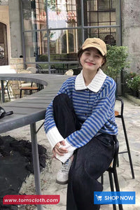Long Sleeve Turn Down Collar Striped Knitted Cardigan Sweater
