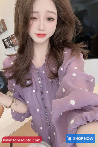 Long Sleeve Polka Dots Pattern Purple Chiffon Blouse Shirt