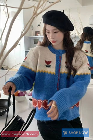Long Sleeve Retro Heart Pattern Knitted Cardigan Sweater