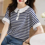 Short Sleeve Doll Collar Striped Casual Shirt
