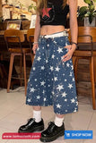 Loose Full Stars Pattern Knee Length Blue Jeans Pants