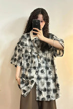Short Sleeve Turn Down Collar Tie Dye Plaid Blouse Shirt