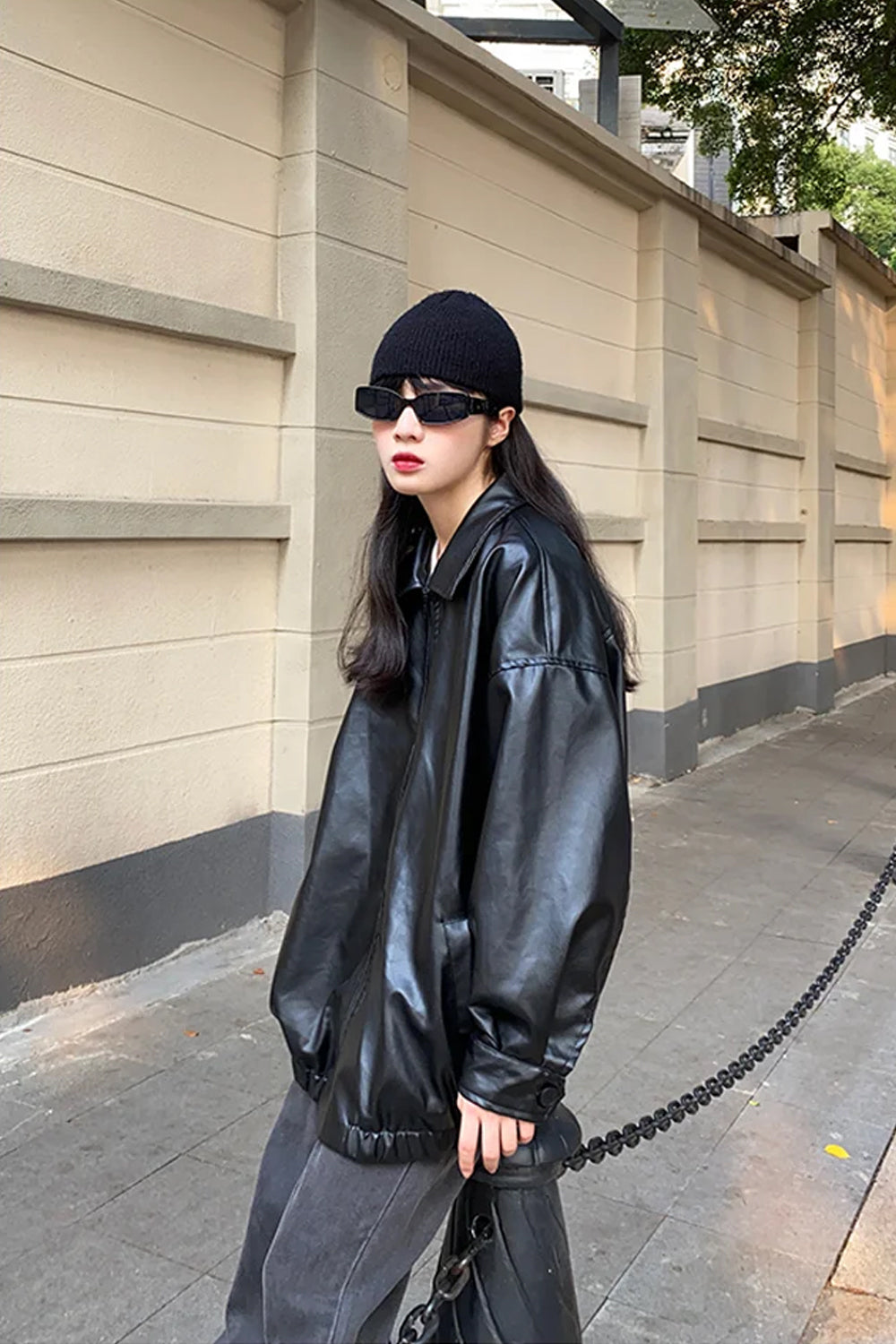 Long Sleeve Zipper Black Leather Women Jacket