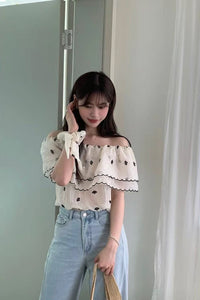 Elegant Off Shoulder Floral Pattern Ruffles Blouse Shirt