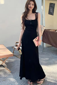 Sleeveless Square Collar Button Long Dress