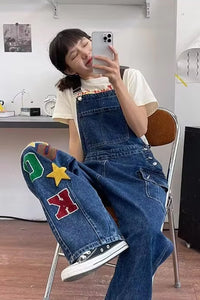 Rock Letter Embroidered Wide Leg Denim Jumpsuits