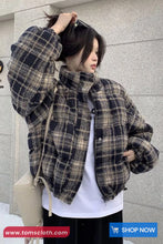 Loose Stand Collar Retro Plaid Pattern Parkas Coat Jacket