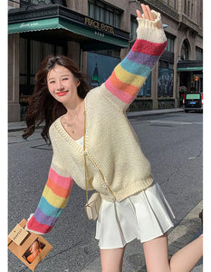 Long Rainbow Sleeve V-Neck Cardigan Sweater