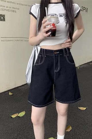 High Waist Bright Line Decoration Black Denim Shorts