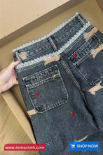 High Waist Lace Patchwork Cute Puppy Embroidered Jeans Pants