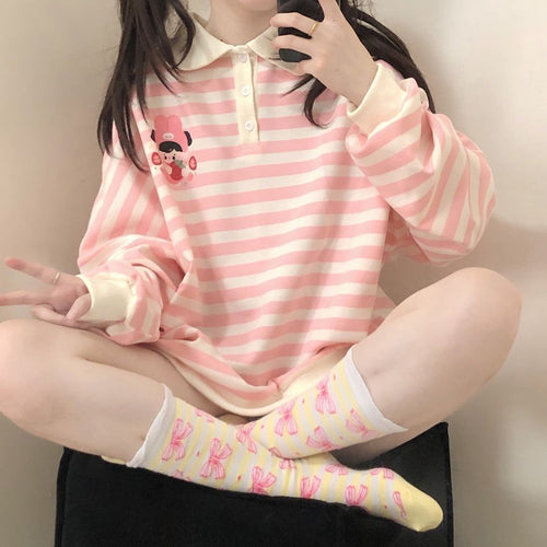 Cute Cartoon Printed Pink Striped Sweatshirt