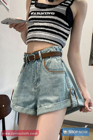 High Waist Brown Outline Denim Shorts