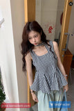 Cute Lace Up Sleeveless Plaid Summer Shirt
