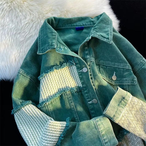 Long Sleeve Hole Splicing Green Denim Jacket